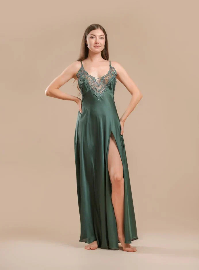 Long Night Dress Satin & Lace - Emerald Green Long Night Dress Satin & Lace - Emerald Green